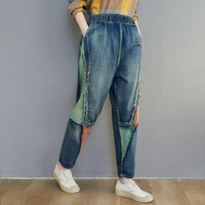 Woman Fashion Loose Jeans Loose Pants Patchwork..