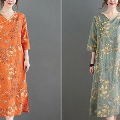 Woman Retro Cheongsam Dress Print Dresses Loose..