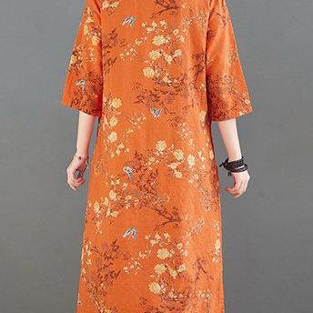 Woman Retro Cheongsam Dress Print Dresses Loose..
