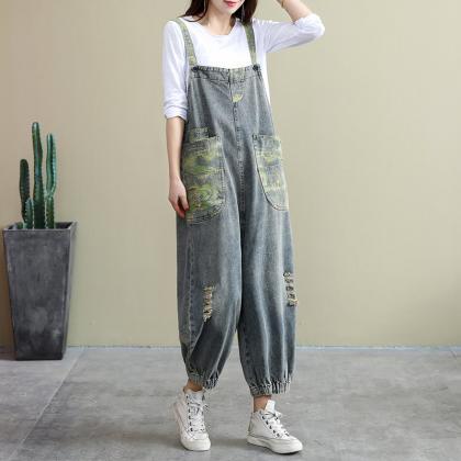 Bib Loose Overalls Printed Jeans Overalls Woman..