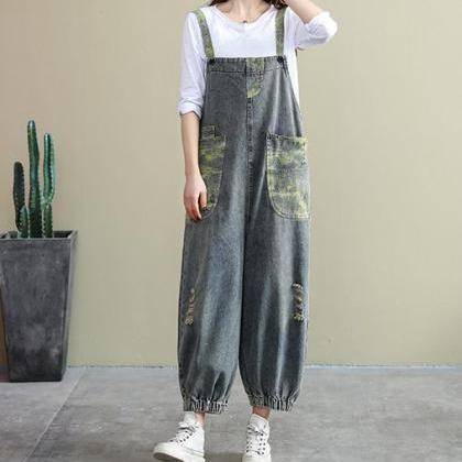 Bib Loose Overalls Printed Jeans Overalls Woman..