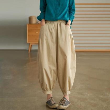Woman Cotton Solid Color Casual Pleated Pants..