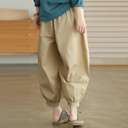 Woman Cotton Solid Color Casual Pleated Pants..