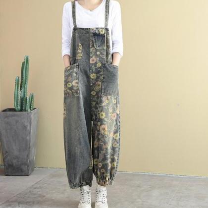 Ripped Jeans Prined Overalls Wide Leg Jumpsuit..