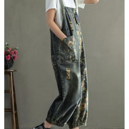 Ripped Jeans Prined Overalls Wide Leg Jumpsuit..