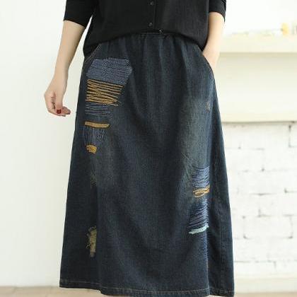 Ripped Skirt Embroidered Skirt Woman Fashion Skirt..