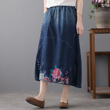 Retro Loose Cotton Skirt Loose Embroidery Ethnic..