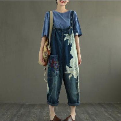 Printed Jeans Overalls Pants Casual Denim Wide Leg..