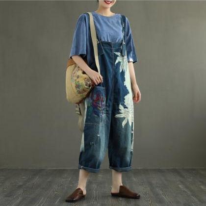 Printed Jeans Overalls Pants Casual Denim Wide Leg..