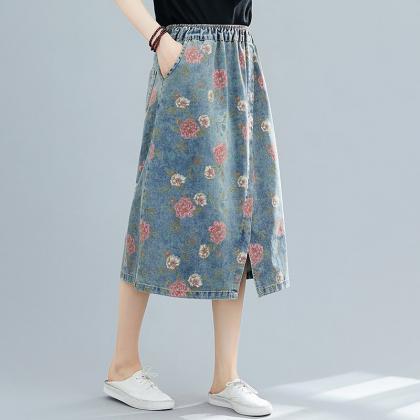 Woman Denim Skirt Loose Slit A-line Skirt Fashion..