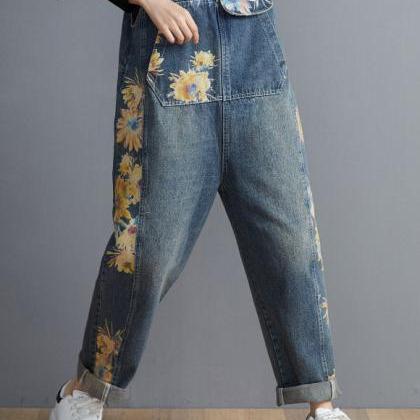 Printed Jeans Overalls, Woman Oversize Baggy..