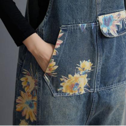 Printed Jeans Overalls, Woman Oversize Baggy..