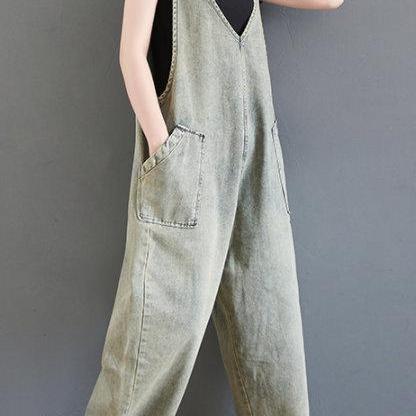 Woman Strappy Jeans Retro Casual Overalls, Wide..