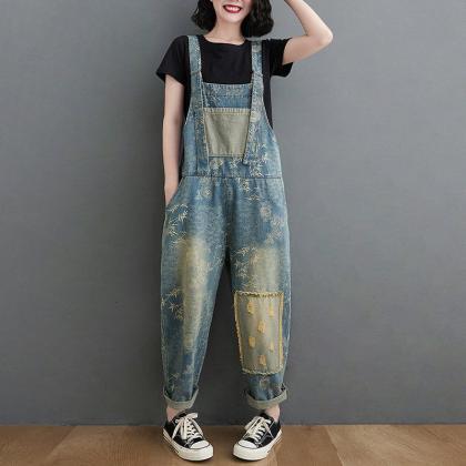 Patchwork Jeans Printed Jeans Overalls Oversize..