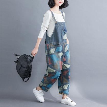Patchwork Jeans Camouflage Overalls, Wide..