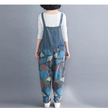 Patchwork Jeans Camouflage Overalls, Wide..