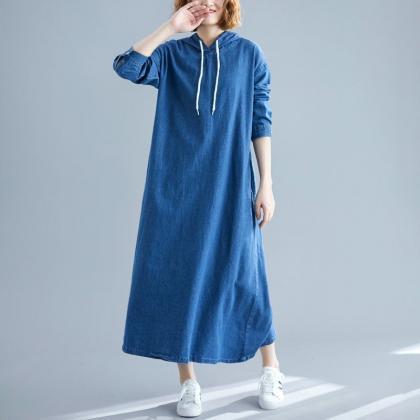Hooded Dress Woman Fashion Long Dress Demin Dress..