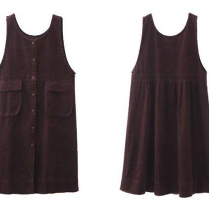 Corduroy Skirt Vest Dress A-line Skirt Loose Strap..
