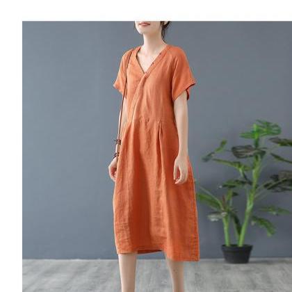100% Linen Dress Summer Dress V-neck Dress Woman..