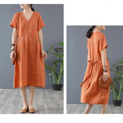 100% Linen Dress Summer Dress V-neck Dress Woman..
