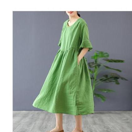 Green Color Dress 100% Ramie Dresses Summer Dress..