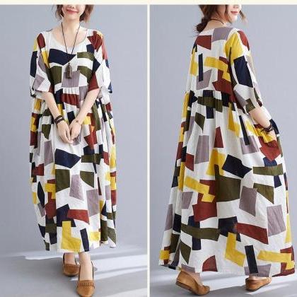 Woman Loose Printed Dresses Short-sleeved Dress..