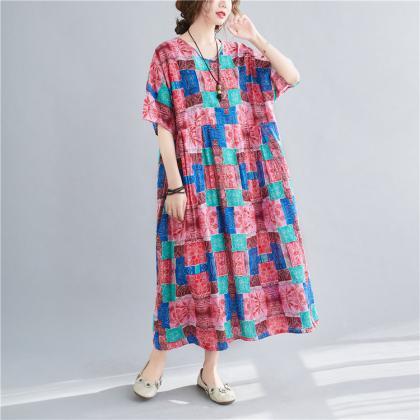 Woman Loose Dresses Short-sleeved Dress Round Neck..
