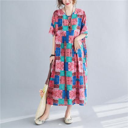 Woman Loose Dresses Short-sleeved Dress Round Neck..