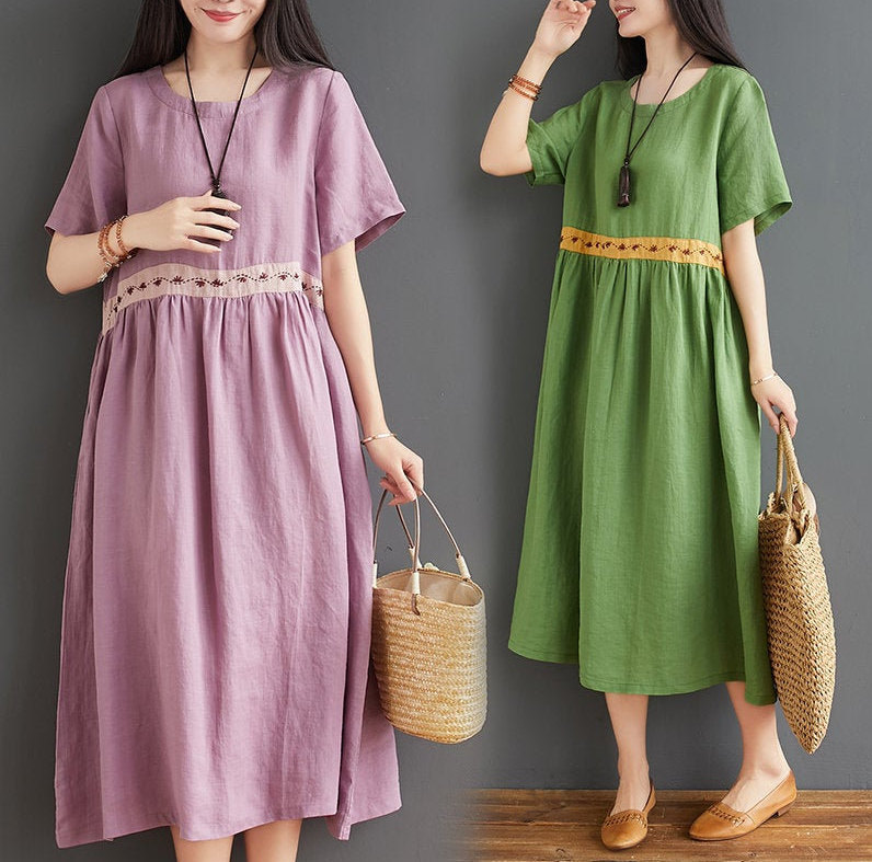 Retro Embroidery Stitching Short Sleeve Dress Woman Loose Dress Summer Long Dress Soft Cotton Linen Dress