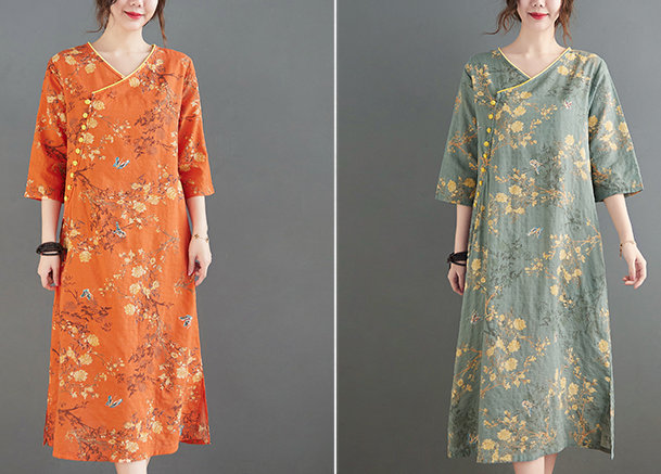 Woman Retro Cheongsam Dress Print Dresses Loose Dress Soft Cotton Linen Dress