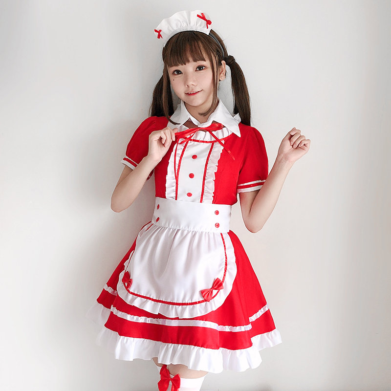 Red Maid Outfit Sweet Lolita Dress Cosplay Maid Costume Short Sleeve Lolita Dress, Cute Ruffle Sweet Girl Dress Maid Clothes