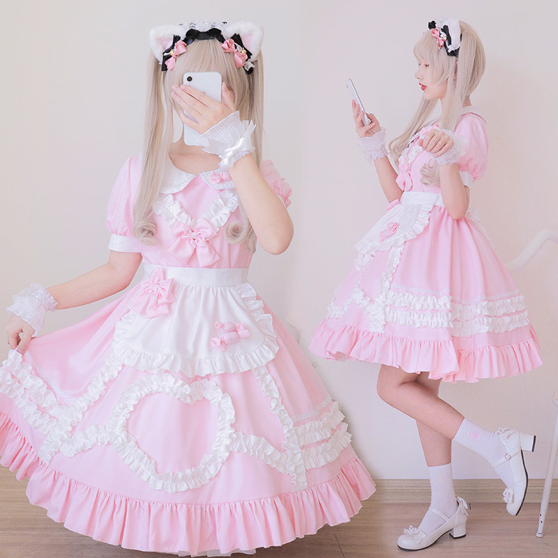 Pink Maid Outfit Sweet Lolita Dress Cosplay Maid Costume Short Sleeve Lolita Dress, Cute Ruffle Sweet Girl Dress