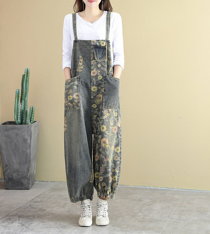 Ripped Jeans Prined Overalls Wide Leg Jumpsuit Casual Jeans Pants Oversize Baggy Pant Bib Loose Overalls Woman Long Jeans Loose Overalls