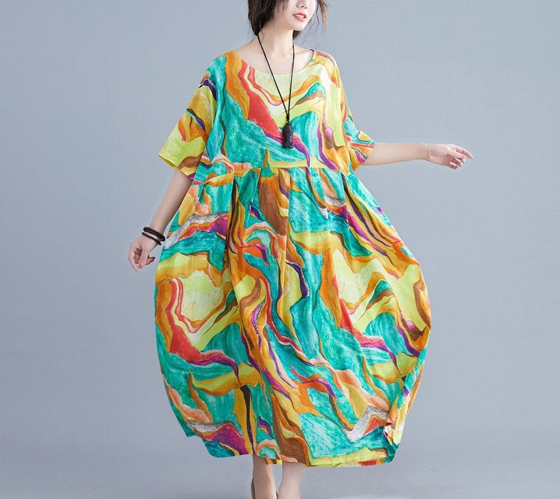 Woman Plus Size Loose Dresses Summer Print Dress Round Neck Dress Soft Cotton Linen Dress