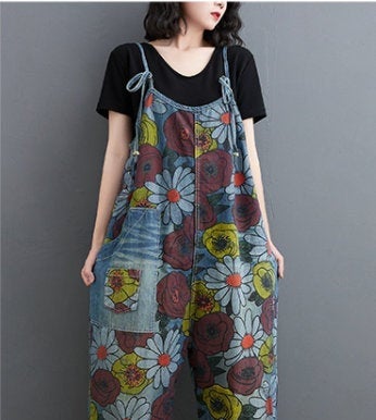 Women Fashion Loose Jumpsuits Denim Overalls Pants Printed Cotton Jumpsuits Casual Pants Loose Long Jeans Printed Jeans Overalls
