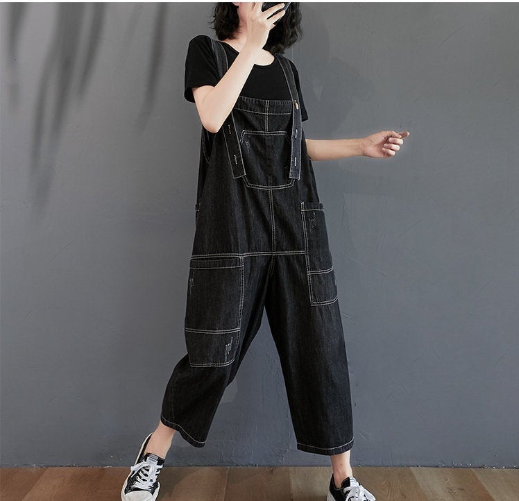 Retro Casual Overalls, Wide Streetwear Leg Jumpsuit, Oversized Baggy Ladies Pants Woman Fashion Loose Jeans Bib Loose Overalls