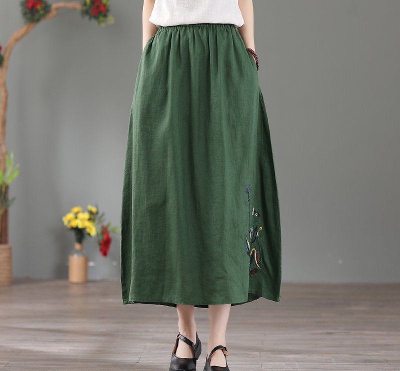 Woman Vintage Embroidered Skirt High Waist Skirt Soft Cotton Linen Skirts Summer Loose Skirts