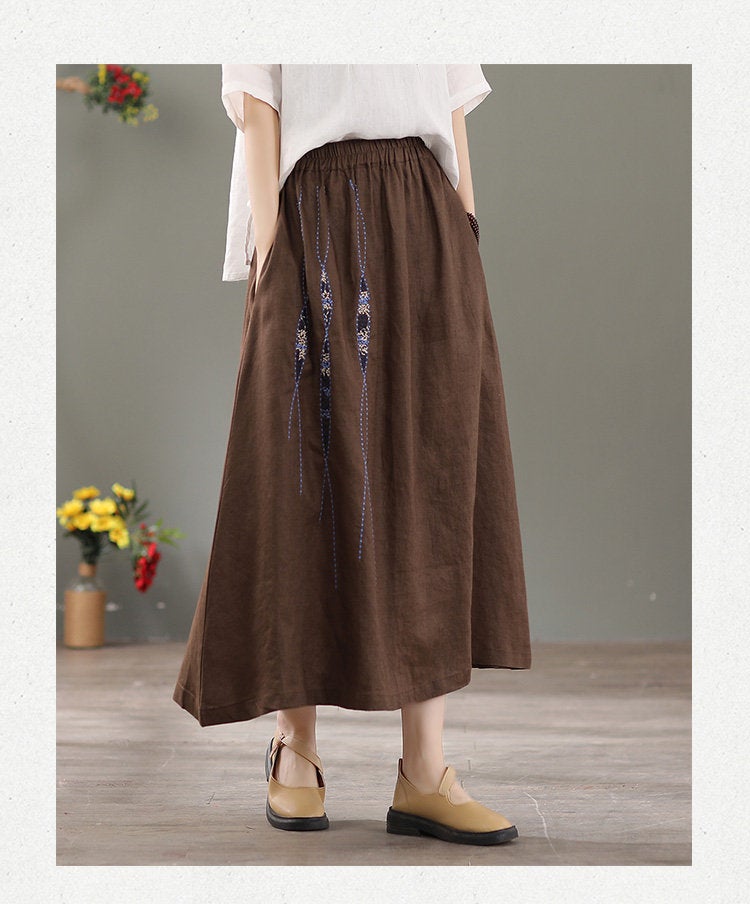 Woman Vintage Embroidered Skirts Summer Fashion Skirts Soft Cotton Linen Skirts Vintage Skirts