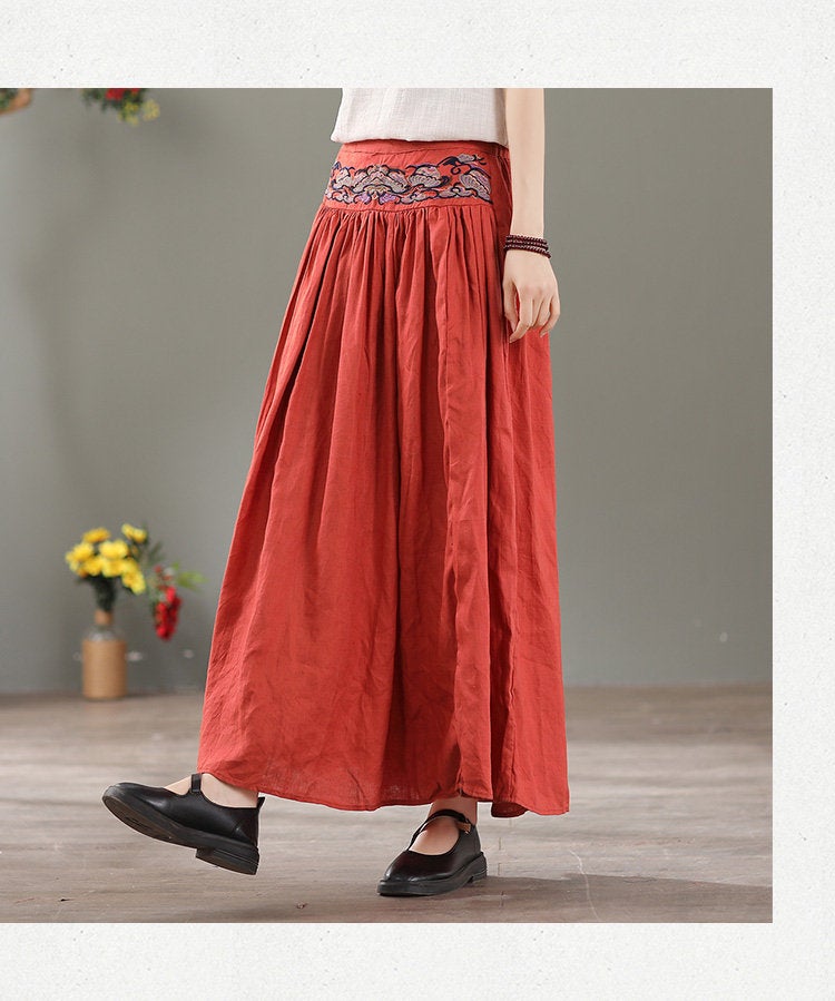 Woman Fashion Vintage Embroidered Skirts Loose Skirts Summer Linen Skirts Soft Linen Cotton Skirts
