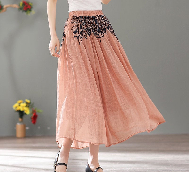 Woman Fashion Summer Skirts Loose Skirts Soft Linen Cotton Skirts Cotton Linen Skirts Embroidered Skirts Vintage Skirts