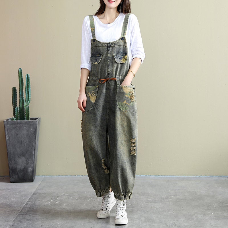 Women Fashion Loose Jumpsuits Denim Overalls Pants Printed Cotton Jumpsuits Casual Pants Loose Long Jeans Printed Jeans Overalls