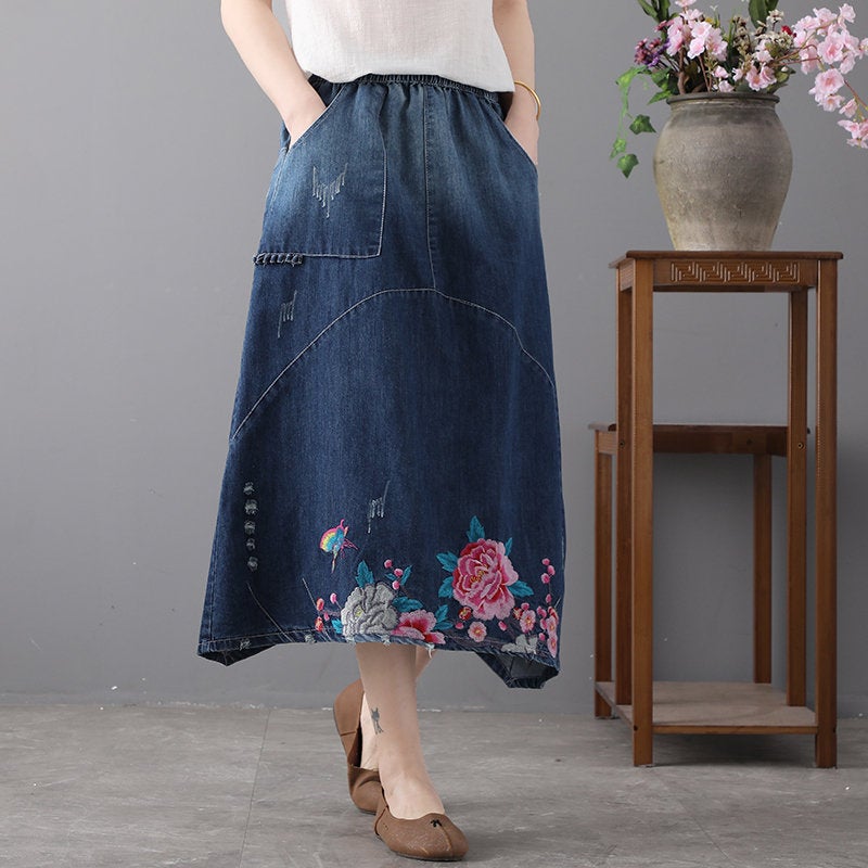 Retro Loose Cotton Skirt Loose Embroidery Ethnic Skirt Woman Demin Skirt Embroidered Dress Embroidered Skirt Ripped Demin Skirt