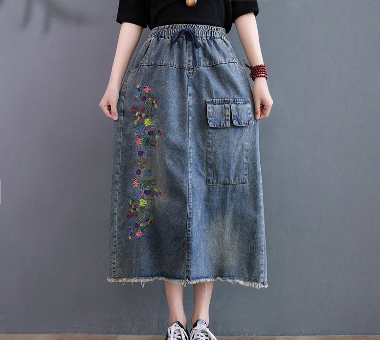 Woman Fashion Skirt Summer Skirt Demin Clothing Demin Skirts Pattern High Waist Midi Skirt Embroidered Dress Embroidered Skirt