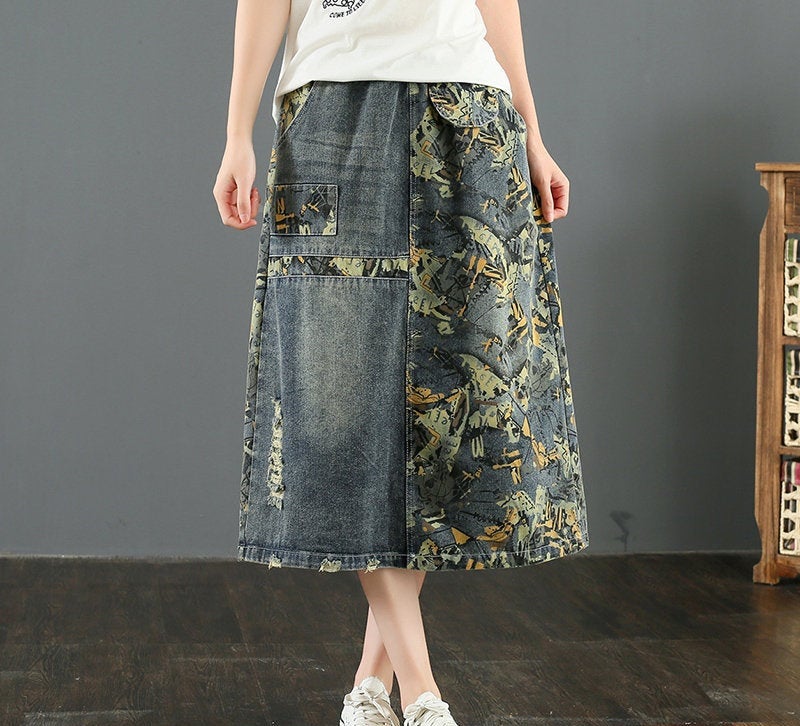 Woman Fashion Printed Skirt Summer Skirt Demin Clothing Demin Skirts Pattern High Waist Skirt Highwaisted Midi Skirt