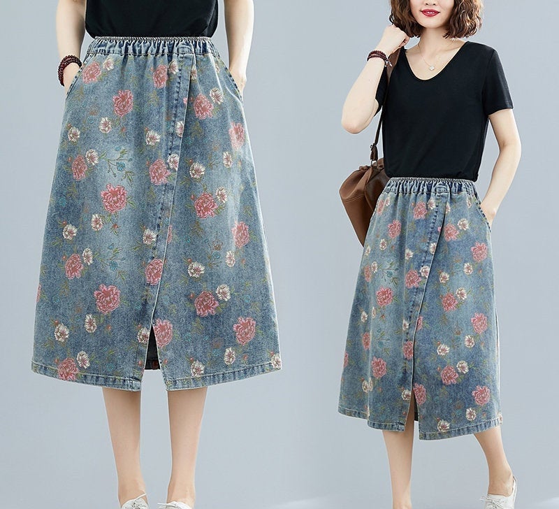 Woman Denim Skirt Loose Slit A-line Skirt Fashion Loose Skirt Printed Skirt Woman Summer Skirts