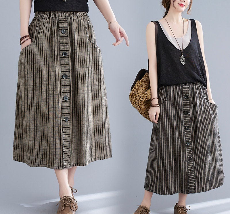 Woman Fashion Dress Summer Skirt Linen Cotton Skirt Strip Skirt Short Skirt Summer Dress Soft Linen Dress