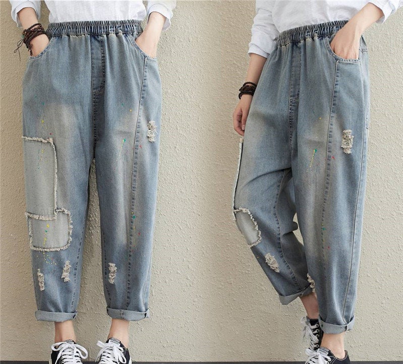 Ripped Jeans Woman Fashion Loose Pants Loose Jeans Casual Jeans Demin Jeans Demin Pants Patchwork Jeans Patchwork Pants High Waist Pants