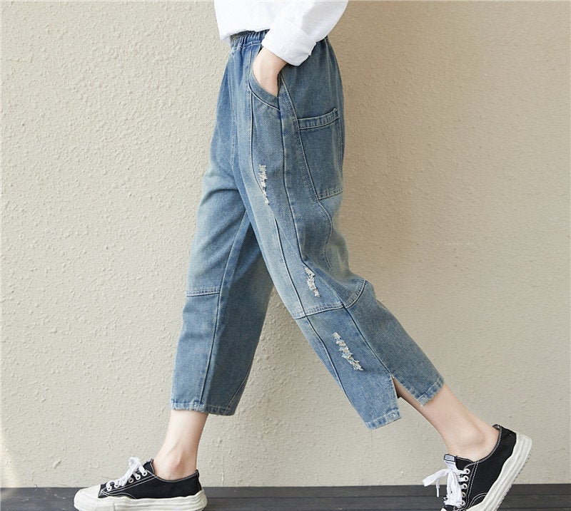 Woman Fashion Loose Pants Loose Jeans Casual Jeans Demin Jeans Demin Pants Long Pants Long Jeans Ripped Jeans High Waist Pants