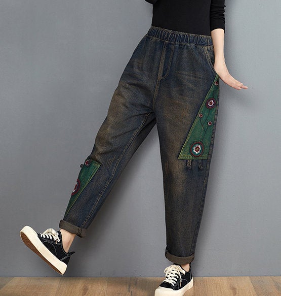 Woman Fashion Loose Pants Loose Jeans Casual Jeans Demin Jeans Demin Pants Long Pants Jeans Vintage Embroidered Pants High Waist Pants