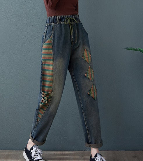 Patchwork Jeans Loose Pants Loose Jeans Casual Jeans Demin Jeans Demin Pants Long Pants Jeans Vintage Embroidered Pants High Waist Pants